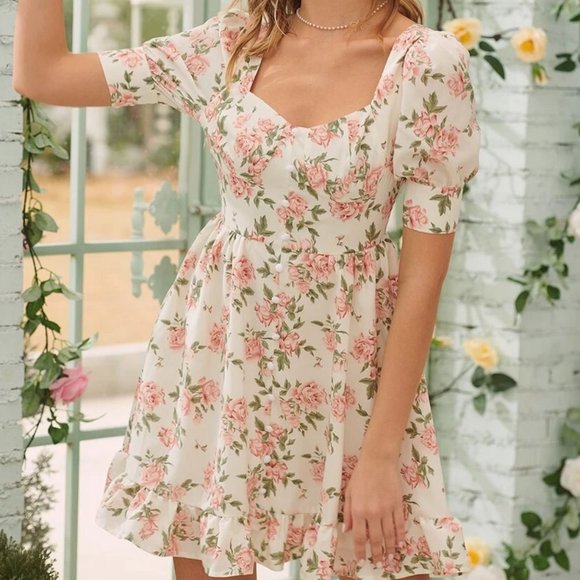 Rose Print Puff Sleeve Dress - Size M - Picture 3 of 3